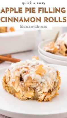 an apple pie filling cinnamon rolls on a white plate with the title in the middle