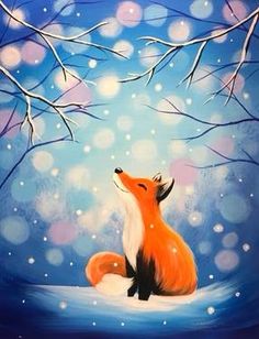 a painting of a fox sitting in the snow