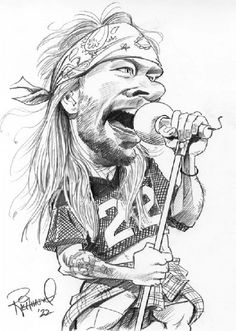 a pencil drawing of a man singing into a microphone and holding a guitar in his right hand