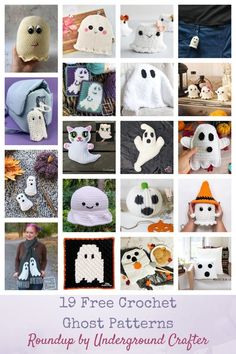 a collage of halloween crochet patterns with text overlay that reads 19 free crochet ghost patterns roundup by underground crafter