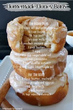 A photo of 3 homemade honey buns stacked up on top of each other on a white plate with the ingredients added to the photo. Honey Buns Recipe, Homemade Honey Buns, Crockpot Candy, Food For Kids, Buns Recipe, Candy Recipe, Honey Buns, Sweet Snacks Recipes, Delicious Snacks Recipes