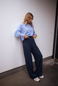 Navy Blue Victor Pants – Easy Clothes North America Blue Wide Leg Pants Outfit, Navy Blue Pants Outfit, Blue Trousers Outfit, Navy Pants Outfit, Blue Outfit Winter, Therapist Outfit, Blue Pants Outfit, Blue And White Outfits, Navy Blue Outfit