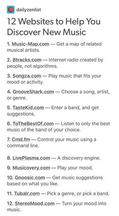 an ad with the words, 12 web sites to help you discovery new music