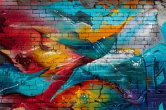 a brick wall painted with colorful fish on it