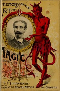 an old book cover with a devil and a man's face in the center