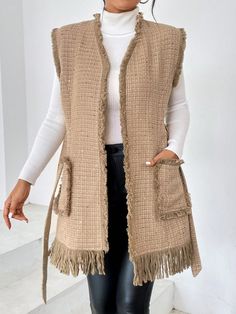 Dual Pocket Fringe Trim Belted Vest Overcoat Khaki Casual  Sleeveless Woven Fabric Plain vest Non-Stretch  Women Clothing, size features are:Bust: ,Length: ,Sleeve Length: Plain Vest, Women Overcoat, Fringe Trim, Outerwear Women, Fashion Online Shop, All Fashion, Women Clothing, Women Clothes Sale, Woven Fabric