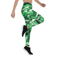 "Fashionistas, report for duty in our incognito Green Camo Leggings. A camo print is a great way to edge up your look with little effort. This classic army design features green hues that are perfect for any season, and pair great with black combat boots and a leather jacket. Additionally, they feature an ultra comfy fabric that will give you amazing all day comfort and a fabulous silhouette. These premium full length women's leggings offers the perfect combination of performance and comfort. ✅ Fitted Camouflage Leggings For Sports, Army Design, Military Camouflage, Black Combat Boots, Hard Workout, Camo Leggings, Green Hues, Leggings For Women, Running Leggings