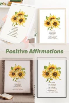 three sunflowers with the words positive affirmations on them