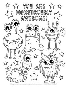 an adult coloring book with monsters and stars on the page, which reads you are monstrously awesome