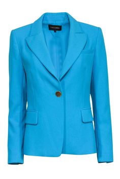 Current Boutique-Kobi Halperin - Turquoise Blazer w/ Padded Shoulders Sz S Chic Blue Career Blazer, Turquoise Outerwear For Work In Fall, Turquoise Long Sleeve Outerwear For Work, Chic Blue Blazer With Hidden Button Closure, Turquoise Blazer, Kobi Halperin, Work Wardrobe, Cuff Sleeves, Color Pop