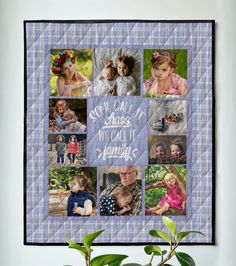 a quilted wall hanging with pictures of people and their families on it, along with a potted plant in the foreground