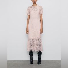 Genuine Zara New With Tag Color: Beige- Pink Modern Feminine Lace Dress. Love Fraying On Sleeves. Ruffled Hem Gives More Formal Look. Interior Lining. Great For Dress Wedding Season Chic Pink Lace Midi Dress, Pink Lace Trim Midi Dress For Evening, Feminine Pink Midi Dress With Lace Trim, Pink Short Sleeve Maxi Dress With Lace Trim, Pink Lace Trim Midi Dress For Wedding, Pink Midi Lace Dress For Wedding, Pink Midi Length Lace Dress For Wedding, Pink Lace Midi Dress With Short Sleeves, Chic Pink Lace Dress With Short Sleeves