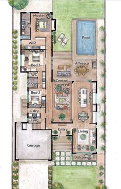 the floor plan for a house with swimming pool and outdoor living area, including an attached deck