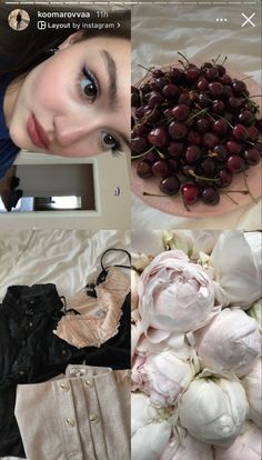 a collage of photos with flowers, clothing and other things to do on the bed