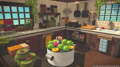 a kitchen filled with lots of different types of vegetables and fruit on top of a counter