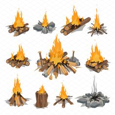 a set of firewood and logs with flames