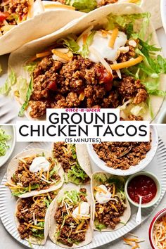 the ground chicken tacos are ready to be eaten and served on plates with sauces