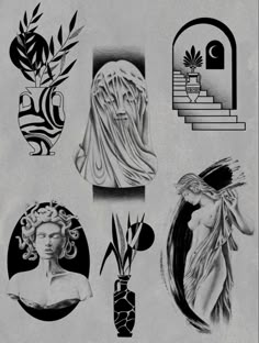 some art decoupages are on display in this black and white photo, with different designs