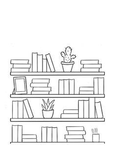 a black and white line drawing of bookshelves with plants on each bookcase