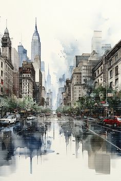 a watercolor painting of a city street with cars parked on the side and tall buildings in the background