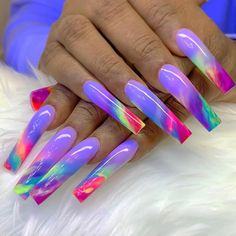 Multicolored Nails, Sky Nails, Funky Nail Art, Purple Acrylic Nails, Hello Nails, Acrylic Nail Set, Vacation Nails