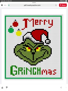 a cross stitch christmas card with an image of the grin's head in red and green