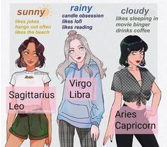 three different types of girls with names in their clothes and the words virgo libra, aries capricon