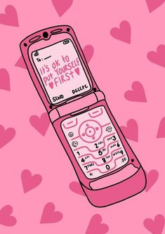 a pink cell phone with hearts all over it's back and the words it's ok to hit yourself first