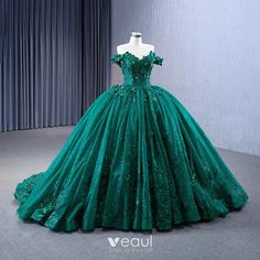 Luxury / Gorgeous Dark Green Handmade Beading Sequins Appliques Prom Dresses 2023 Ball Gown Off-The-Shoulder Sleeveless Backless Court Train Prom Formal Dresses Dark Green Ball Gown, Green Evening Dresses, Sleeveless Ball Gown, Sequin Ball Gown, Green Evening Dress, Open Board, Badass Style