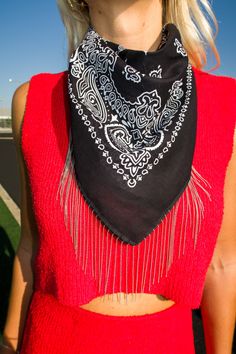 Elevate your accessory game with our Go! Fight! Win! Chain Fringe Bandana. This unique piece is the elevated version of a classic bandana. The black color and delicate chain fringe create a captivating look that's perfect for adding a stylish twist to your outfit. This bandana can be worn around your neck, head, and waist! - 100% cotton - one size fits most Black Bandana With Bandana Print For Festivals, Black Fringe Jewelry For Festival, Black Bandana For Summer Festival, Trendy Black Bandana For Festivals, Black Summer Bandana, Trendy Black Fringe Jewelry, Adjustable Black Bandana, Elegant Black Bandana For Summer, Fringe Bandana