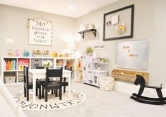 a child's playroom with toys, bookshelves, and other items