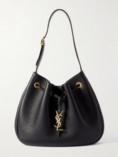 The drawstring ties along SAINT LAURENT's 'Paris VII' bag create soft, artful folds through its slouchy shape. It's been crafted in Italy from textured-leather and embellished with the 'YSL' logo in gold-tone hardware. Inside, there's enough space for your phone, cardholder and cosmetics case. Ysl Paris, Ysl Purse, Ysl Handbags, Ysl Logo, Saint Laurent Paris, Saint Laurent Bag, Watch Gifts, Women Collection, Mini Bag