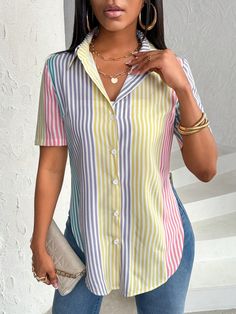 Women's Colorful Printed Simple Daily Short Sleeve Shirt Multicolor Casual  Short Sleeve Woven Fabric Colorblock,Striped Shirt Non-Stretch  Women Clothing, size features are:Bust: ,Length: ,Sleeve Length: Women Blouses, Maternity Bag, Striped Shirt, Women Clothes Sale, Women Clothing, Short Sleeve Shirt, Woven Fabric, Womens Tees, Sleeve Shirt