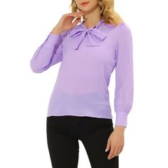 Simple and delicate, this blouse features bow tie neck, stand collar, long puff sleeve, and solid color. This nice and neat blouse gives office-chic a whole new meaning. Adorned with a bow tie neck, simply add tailored trousers and point-toe heels for a smart-casual finish. Occasion: Office, Work, Meeting, Business, Daily, etc. Please check your measurements to make sure the item fits before ordering. Measurement (in inches) Size-------Chest Girth-------Waist Girth-------Shoulder Width-------Tot Elegant Collared Purple Top, Fitted Purple Collared Blouse, Elegant Purple Collared Top, Classic Purple Collared Blouse, Purple Button-up Blouse For Formal Occasions, Belly Shirts, Pleated Tops, Sleeveless Tops Summer, Womens Business Casual