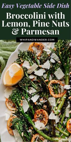 broccoli with lemon, pine nuts and parmesan on a white plate