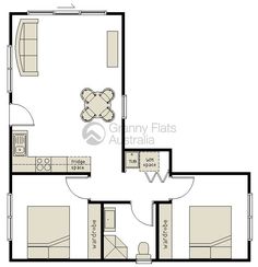 the floor plan for an apartment with two beds and one living room, which is divided into