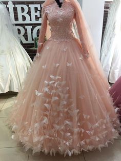 Long Sleeves Muslim Wedding Dress with Butterflies Butterfly-shaped Tulle Wedding Dress, Fitted Wedding Dress With Butterfly Embroidery, Prom Dress With Butterflies, Wedding Dress With Butterflies, Dress With Butterflies, Indian Wedding Gowns, Muslim Wedding Dress, Muslim Wedding Dresses, Pink Wedding Dress