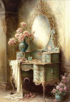 a painting of a dressing table with flowers on it and a mirror in the corner