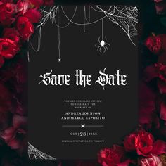 a black and white save the date card with red flowers