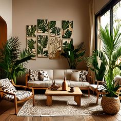 a living room filled with furniture and plants