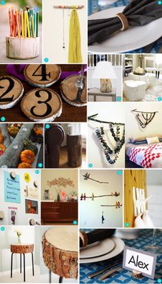 a collage of photos with various items and numbers on them, including candles, plates, napkins, forks, scissors, etc