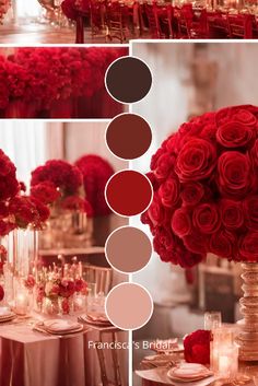 red roses are arranged in vases with candles on the table and centerpieces