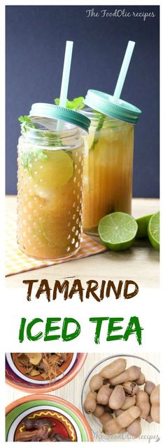 two jars filled with iced tea sitting on top of a table next to limes