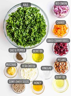 the ingredients to make kale salad in bowls on a white surface with text overlay