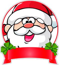 a cartoon santa clause with a red ribbon around it's neck and tongue sticking out