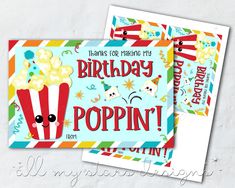 two birthday cards with popcorn on them