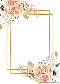 a gold frame with pink flowers and greenery on the edges is featured in this watercolor