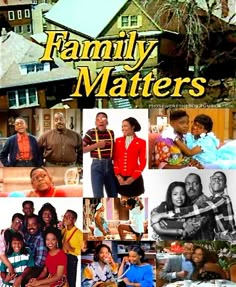 the family matters poster is shown in black and white, with images of people from different generations