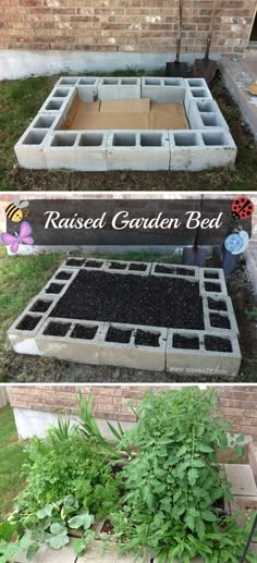 the raised garden bed is made from cinder blocks and has plants growing in it, along with