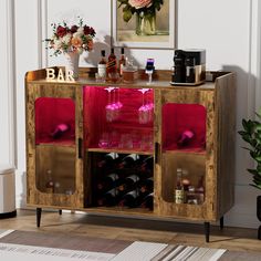 a wooden cabinet with wine bottles in it